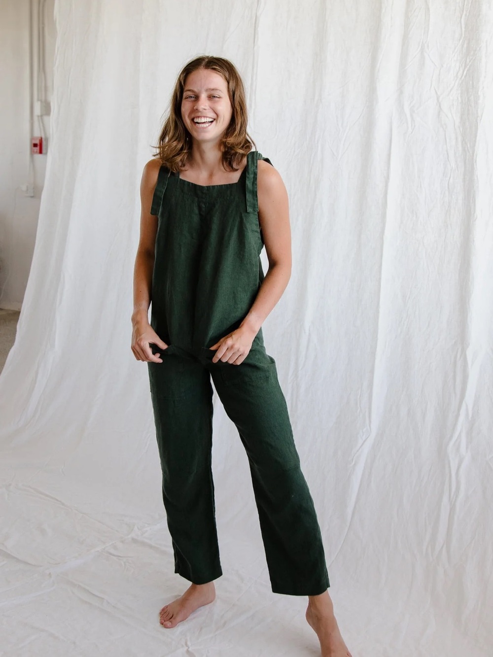 Cedar & Vine Dark Green Linen Romper